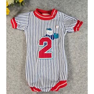 Vintage 90s Health-tex Baby 6m Baseball Teddy Bear Pinstripe Bodysuit Retro